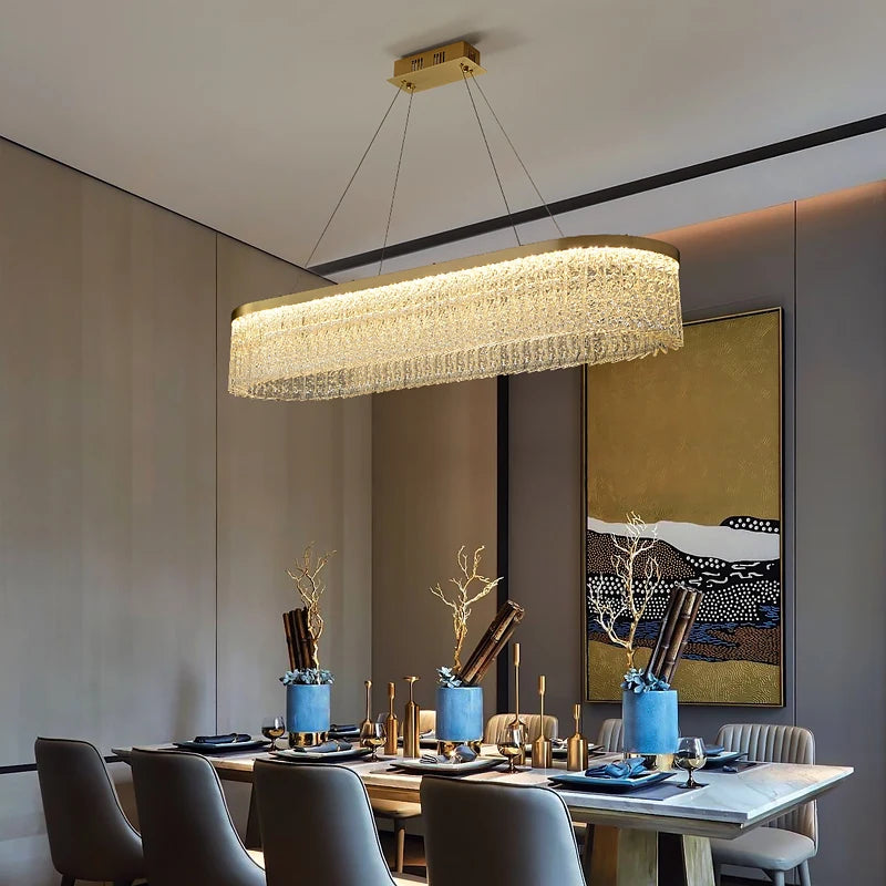 Modern Rectangular Brass Chandelier with Crystal Circle Lighting Indoor Lighting Bar Lighting