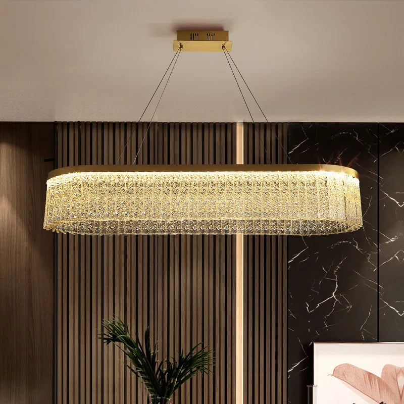 Modern Rectangular Brass Chandelier with Crystal Circle Lighting Indoor Lighting Bar Lighting