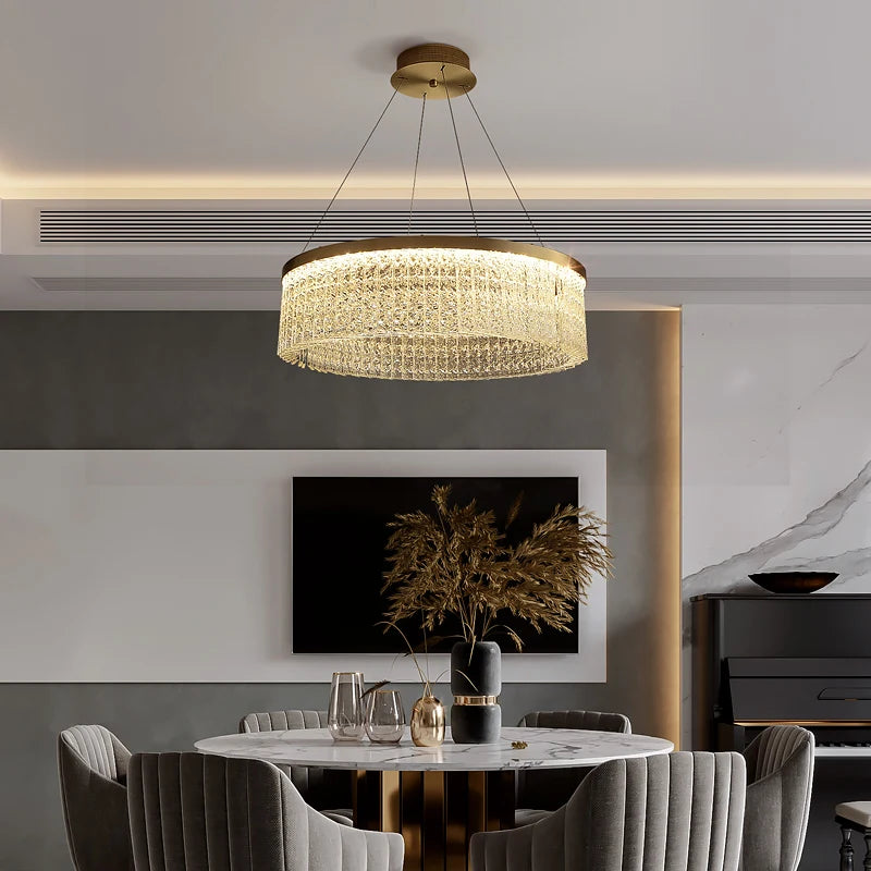 Modern Rectangular Brass Chandelier with Crystal Circle Lighting Indoor Lighting Bar Lighting