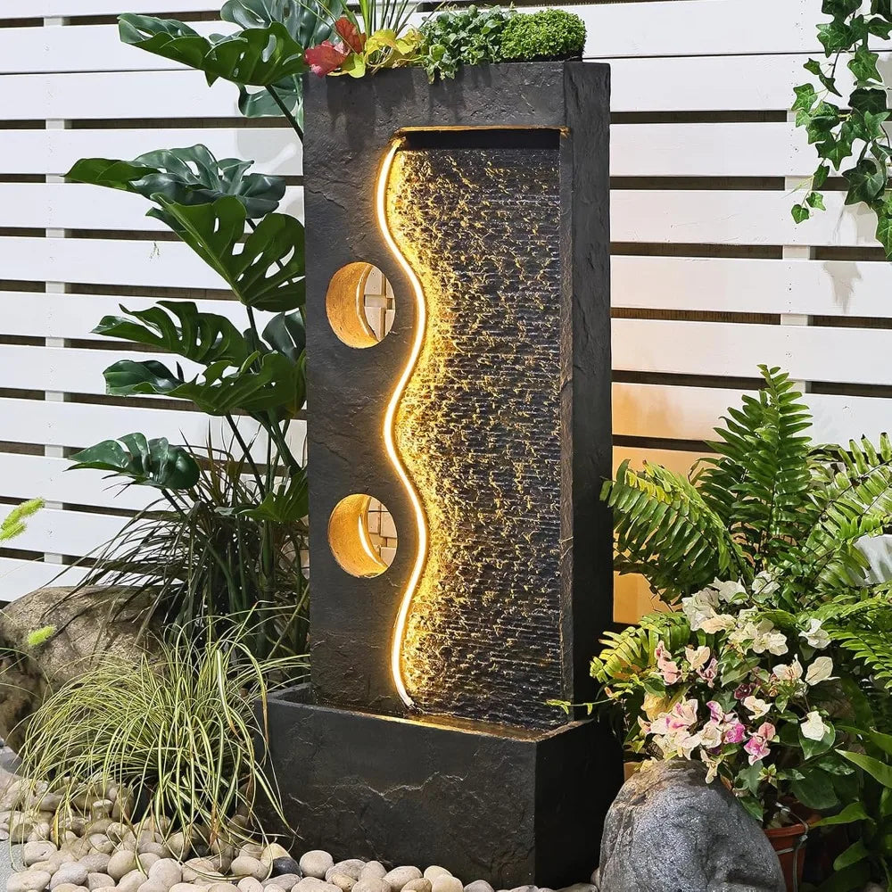 Modern Freestanding Outdoor Garden Fountain with LED Strip Light