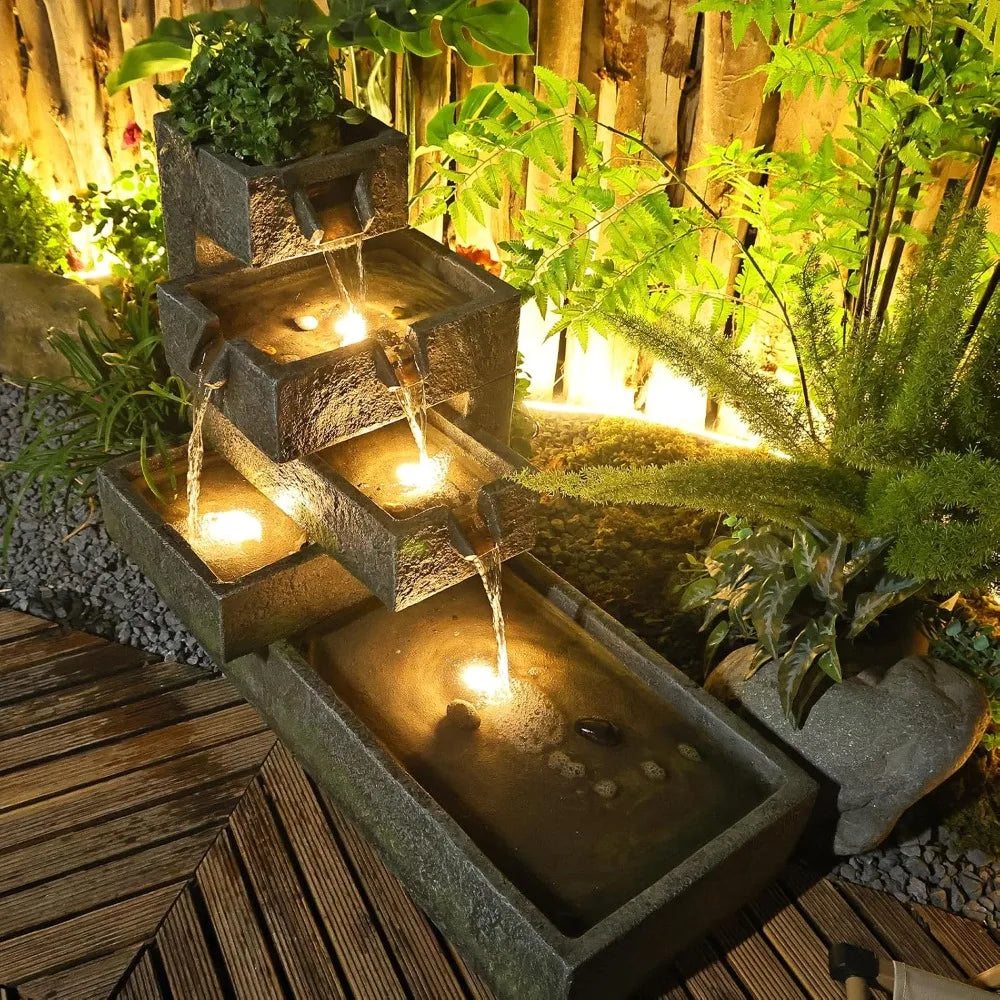 Outdoor Multi-layer Indoor Waterfall Fountain, Modern Art Design Concrete Fountain with LED Lights