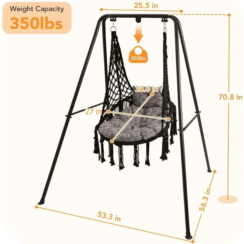 Macrame Hanging Swing Chair with Cushion, Durable Steel Swing Stand