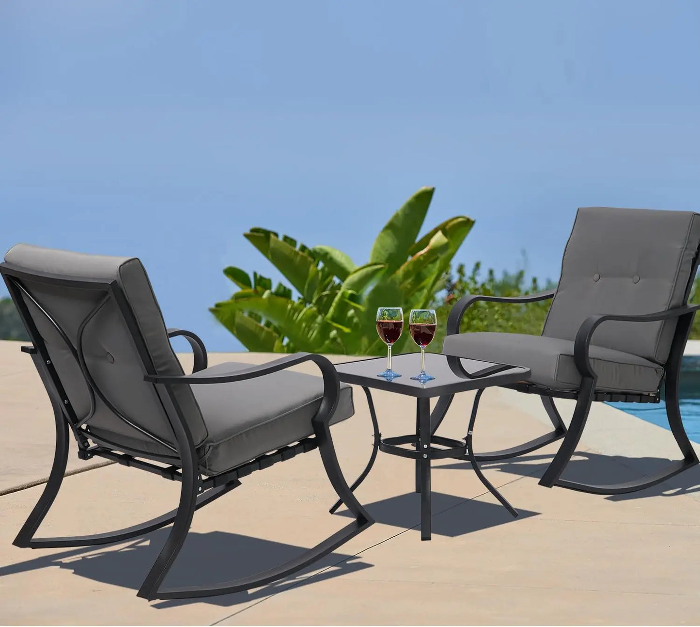 Black Steel Outdoor Rocking Chair Set Patio Furniture