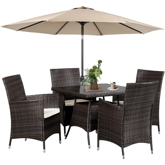 Outdoor Bamboo Dining Set with Cushions, Tempered Glass Table Top with Patio Umbrella