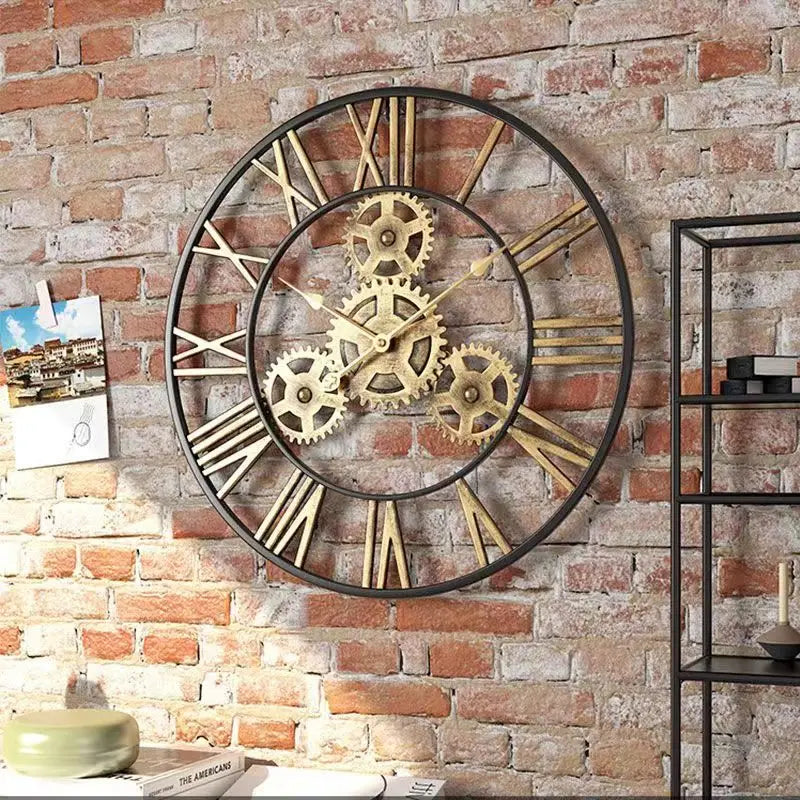 Large 3D Roman Numerals Wall Clock, Metal Iron Round Decor