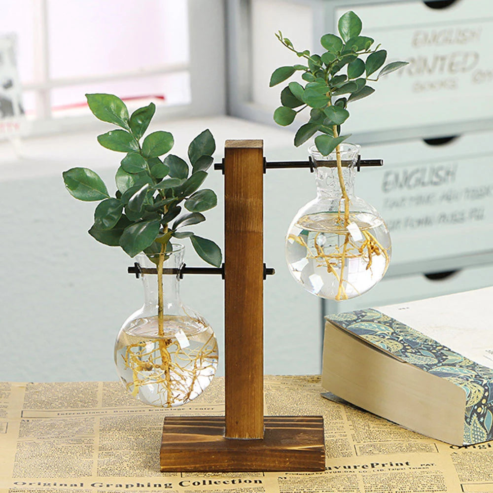 Creative Glass Vase with Wooden Stand