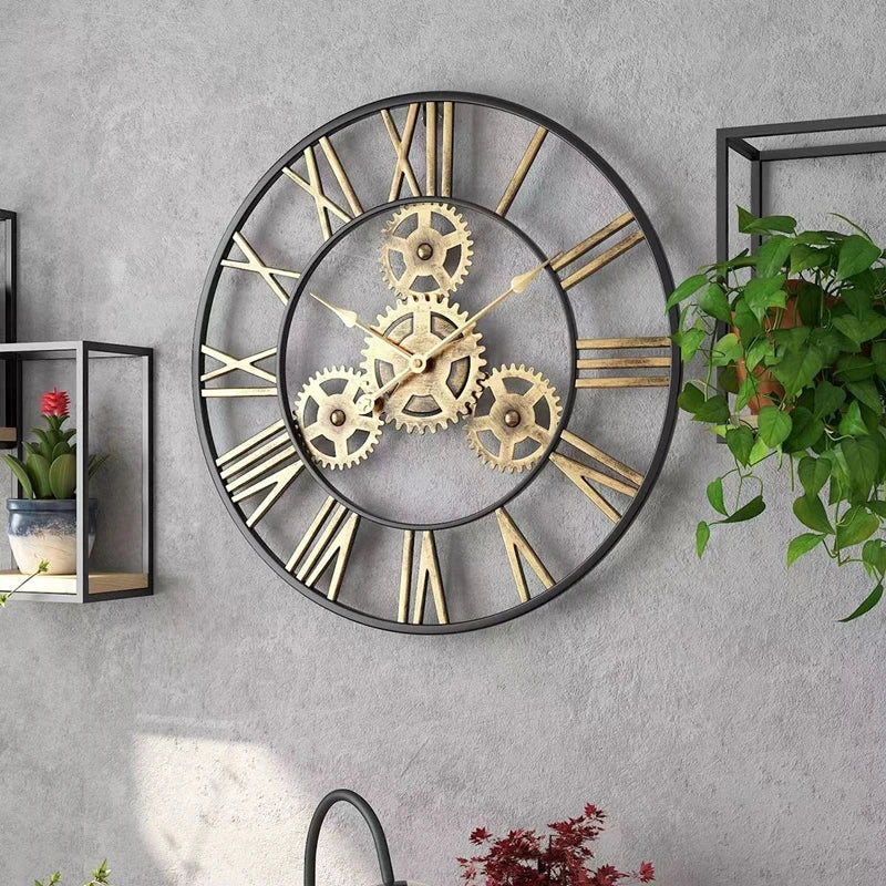 Large 3D Roman Numerals Wall Clock, Metal Iron Round Decor