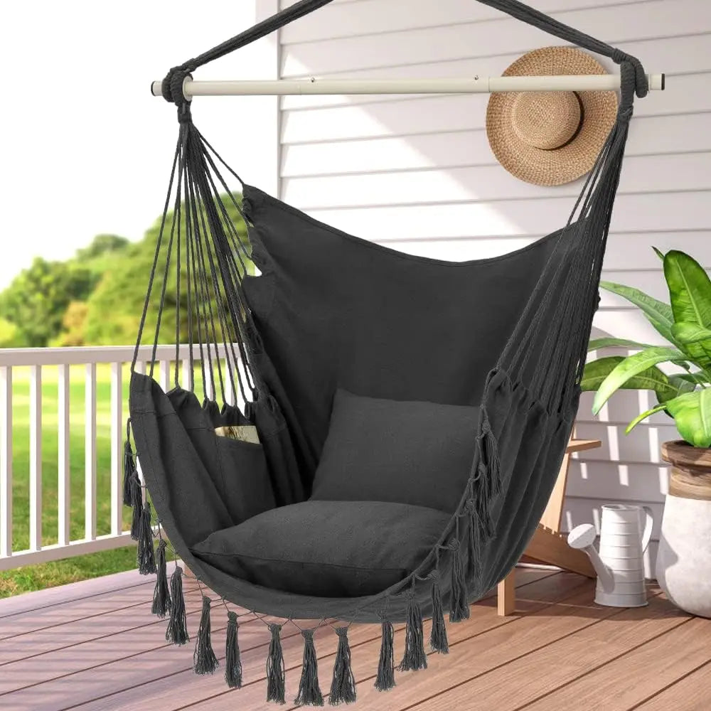 Large Macrame Rope Hanging Swing Chair with Pocket, Cotton Fabric