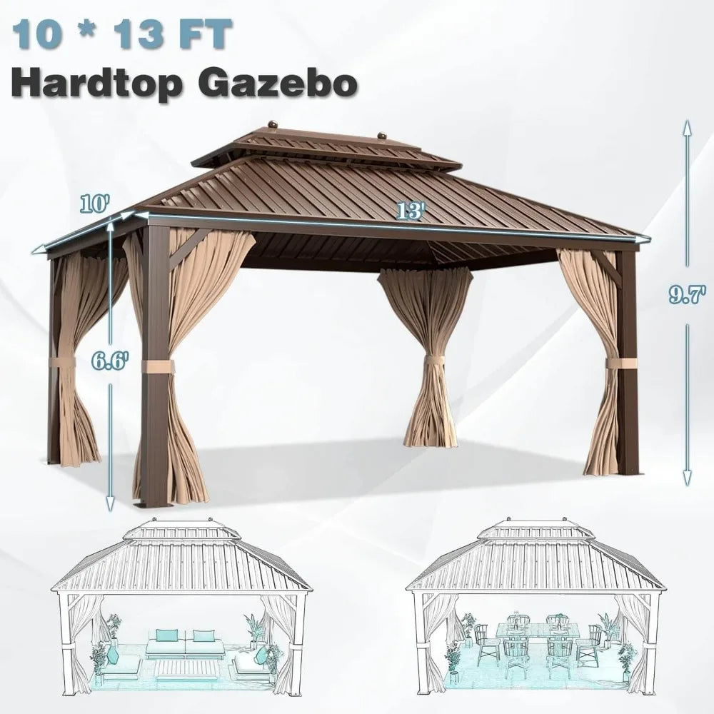 Metal hard top outdoor umbrella, double glazed steel roof with aluminum frame