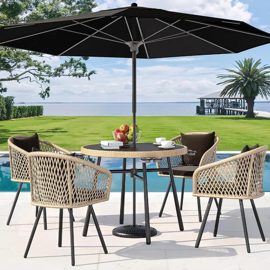 Outdoor Bamboo Dining Set with Cup Holders, Soft Cushions and Glass Top Dining Table