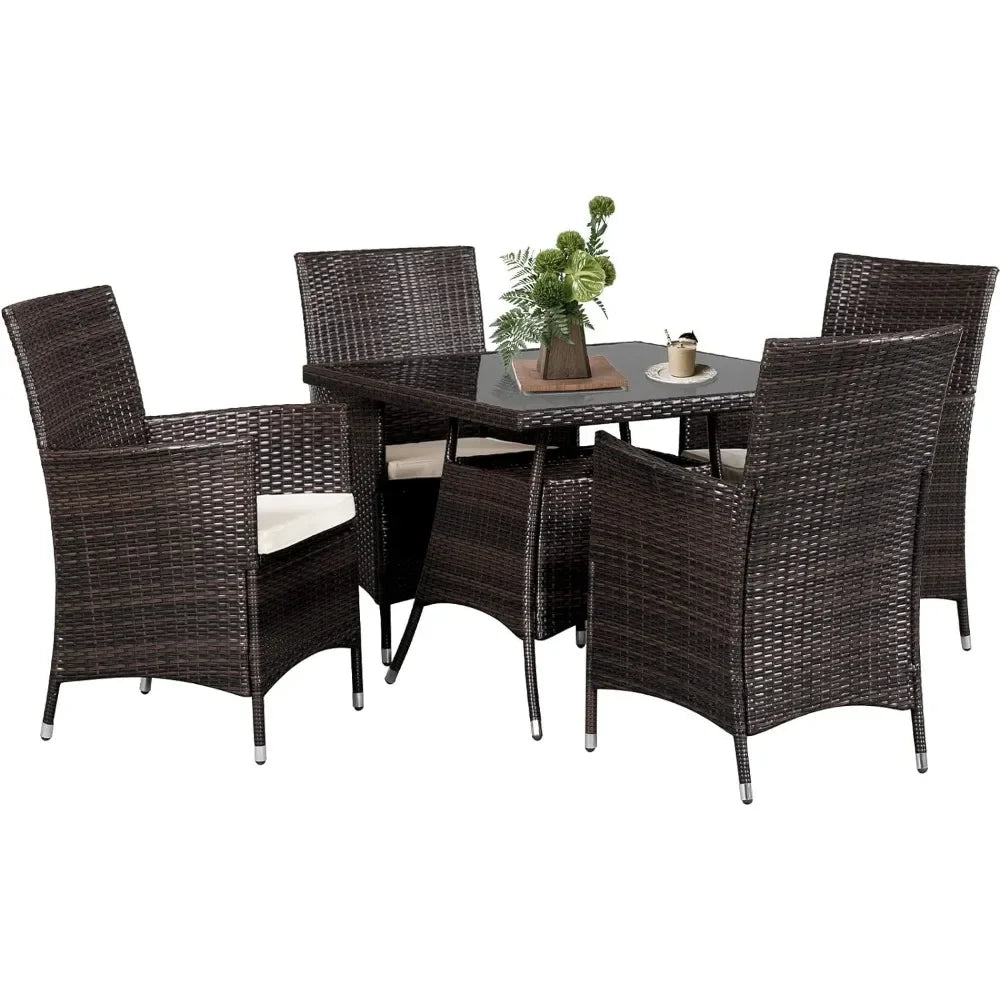 Outdoor Bamboo Dining Set with Cushions, Tempered Glass Table Top with Patio Umbrella