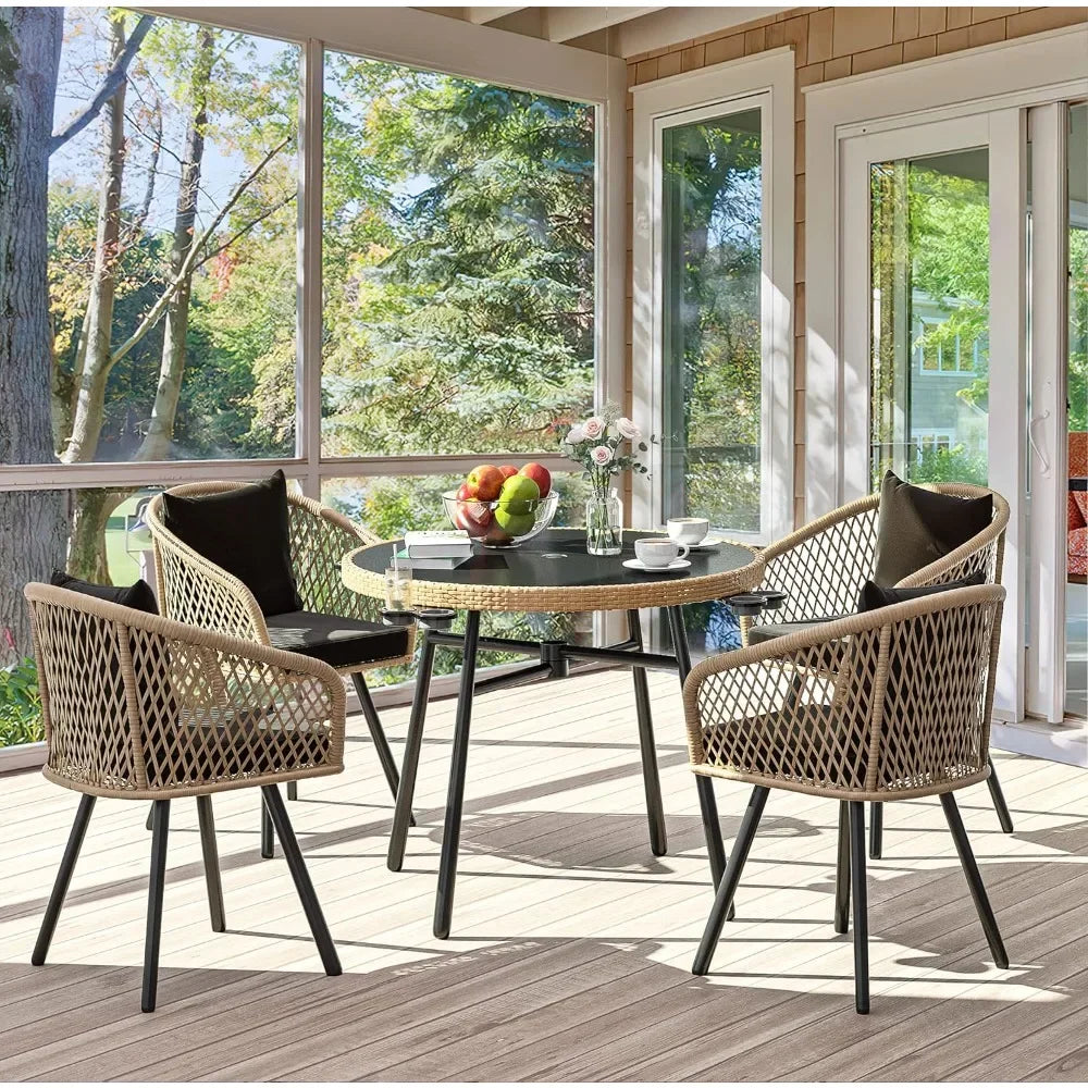 Outdoor Bamboo Dining Set with Cup Holders, Soft Cushions and Glass Top Dining Table