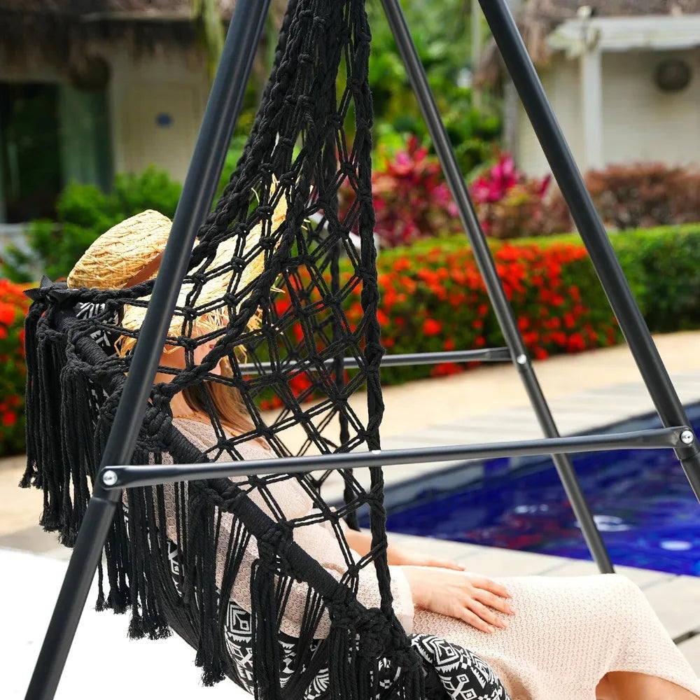 Macrame Hanging Swing Chair with Cushion, Durable Steel Swing Stand