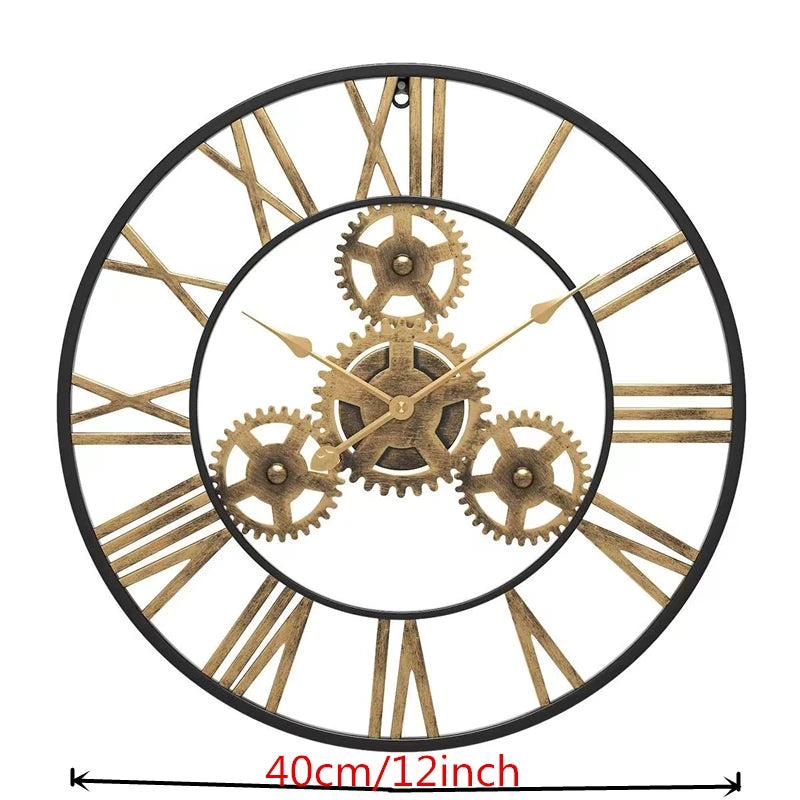 Large 3D Roman Numerals Wall Clock, Metal Iron Round Decor