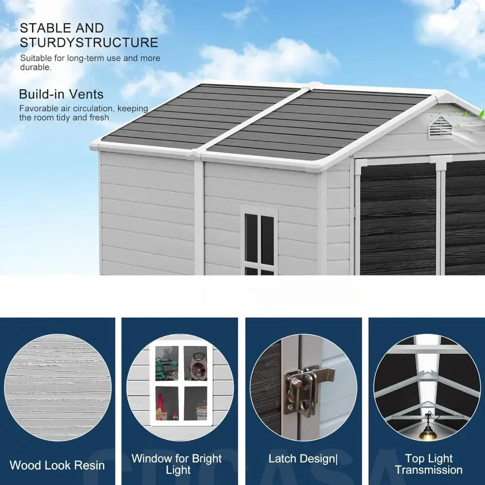 Waterproof Outdoor Resin Storage Shed with Floor, Lockable Door and Window and Vents