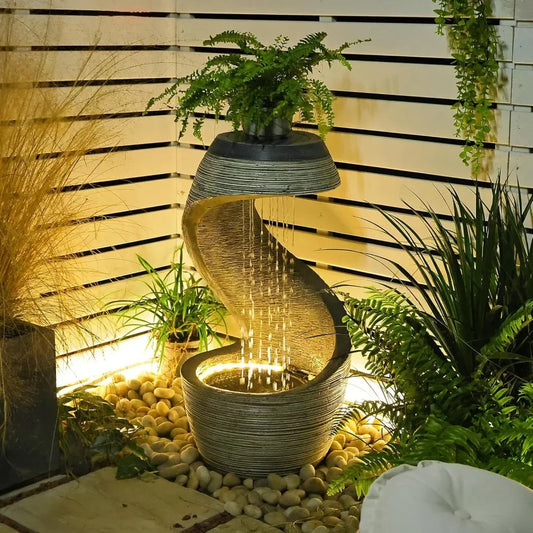 Outdoor Garden Waterfall Fountain, Modern Curved Floor Mounted with LED Lights