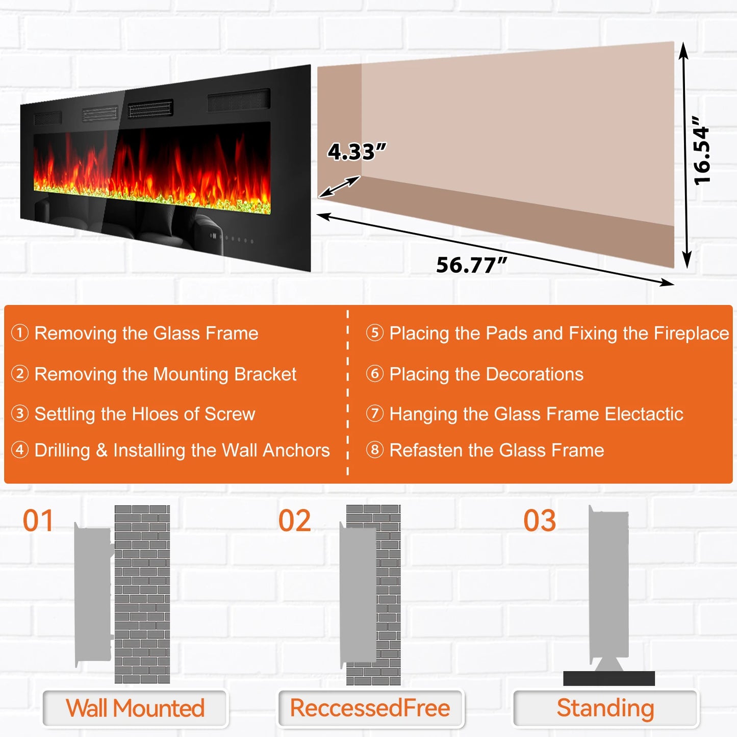 Wall mounted electric fireplace and free standing LED fireplace