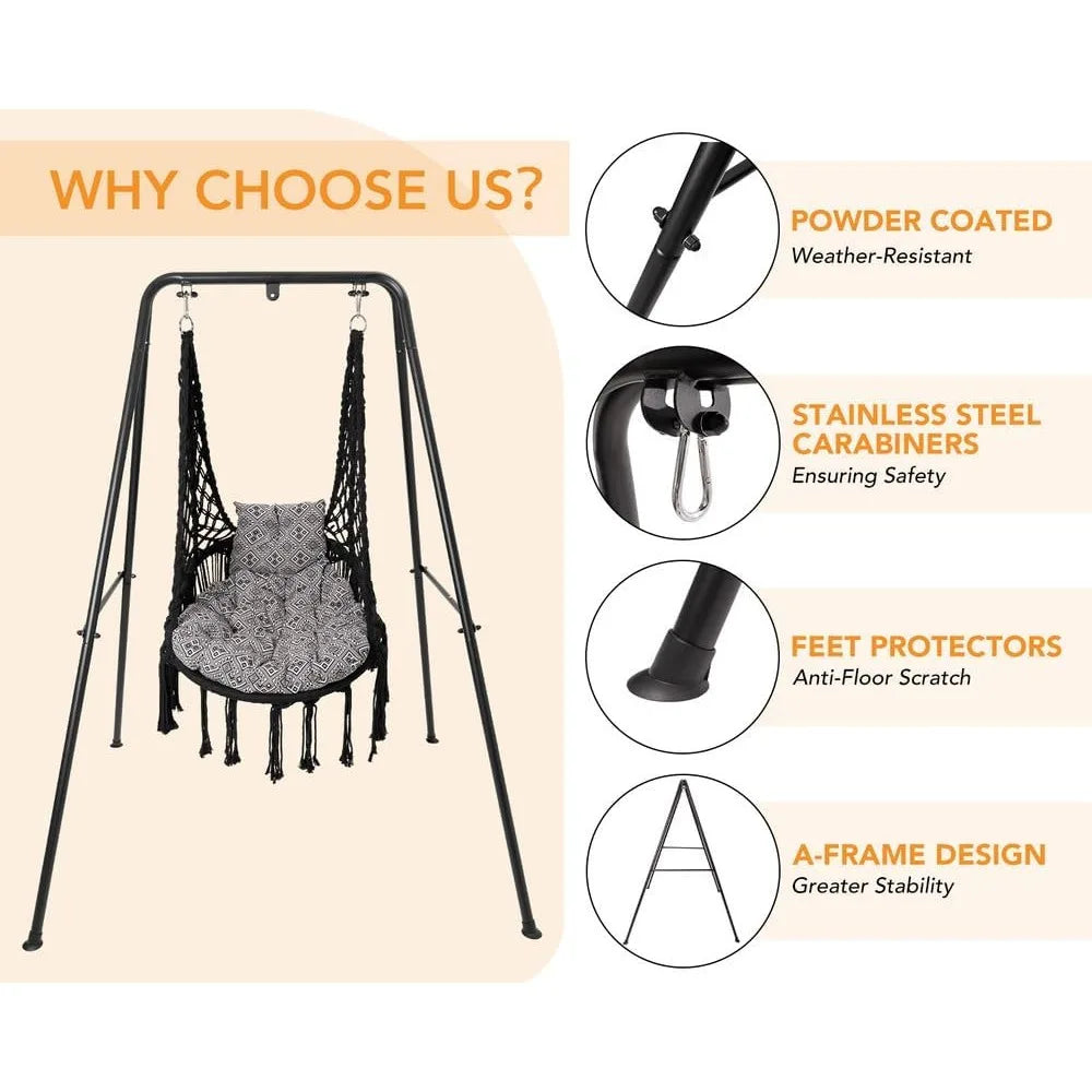 Macrame Hanging Swing Chair with Cushion, Durable Steel Swing Stand