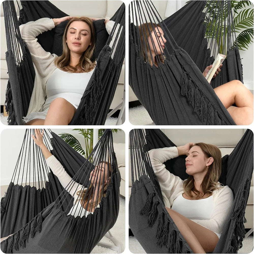 Large Macrame Rope Hanging Swing Chair with Pocket, Cotton Fabric