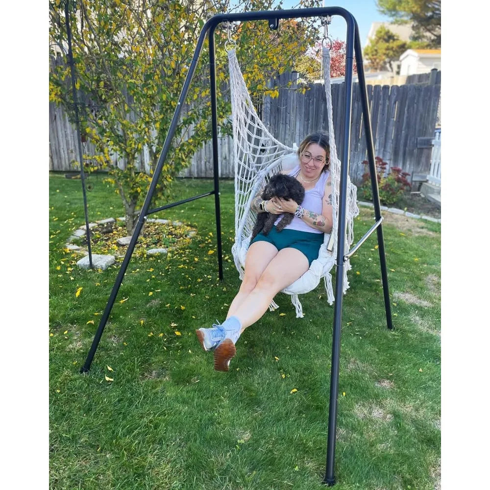 Macrame Hanging Swing Chair with Cushion, Durable Steel Swing Stand