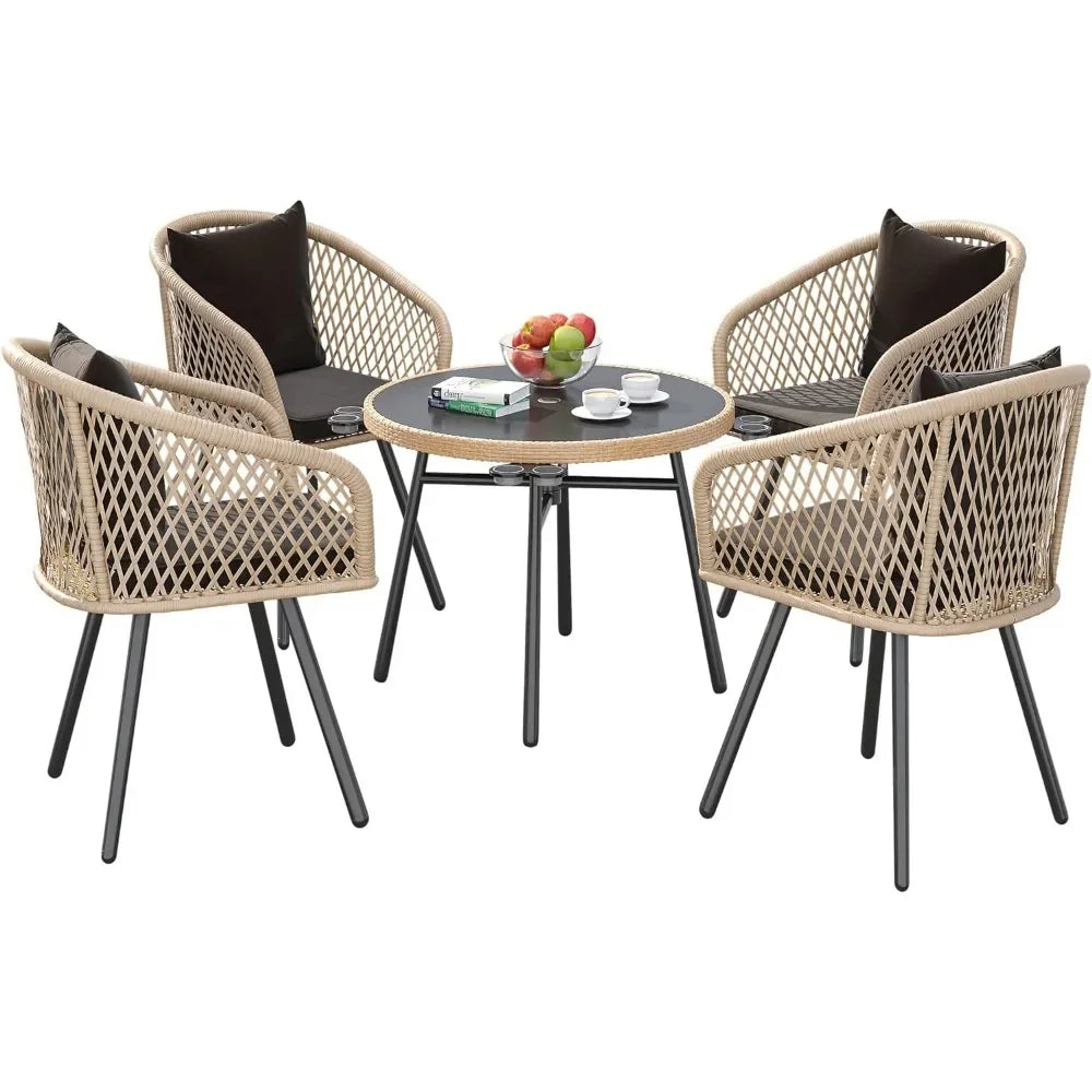 Outdoor Bamboo Dining Set with Cup Holders, Soft Cushions and Glass Top Dining Table