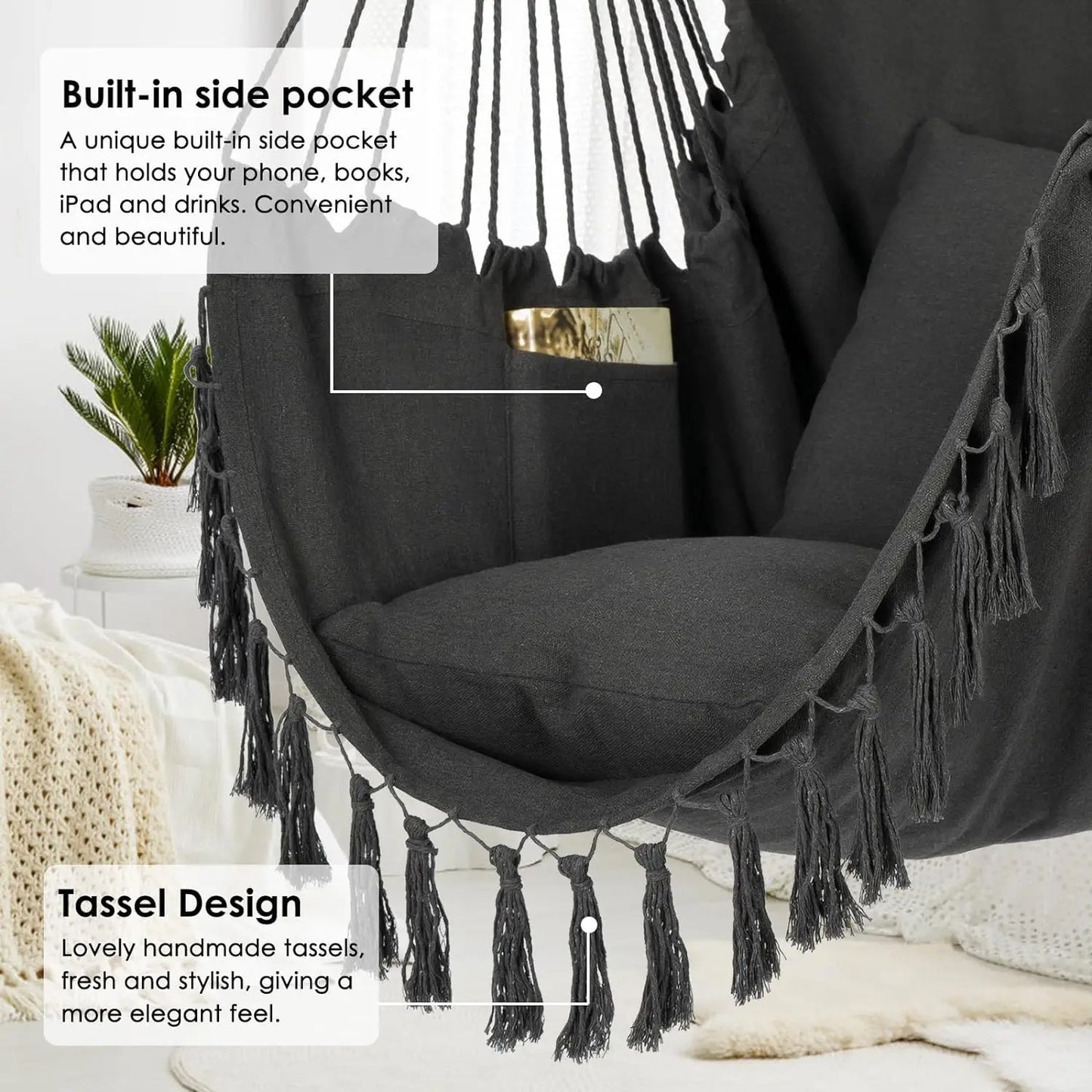 Large Macrame Rope Hanging Swing Chair with Pocket, Cotton Fabric