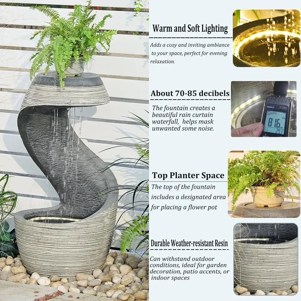 Outdoor Garden Waterfall Fountain, Modern Curved Floor Mounted with LED Lights