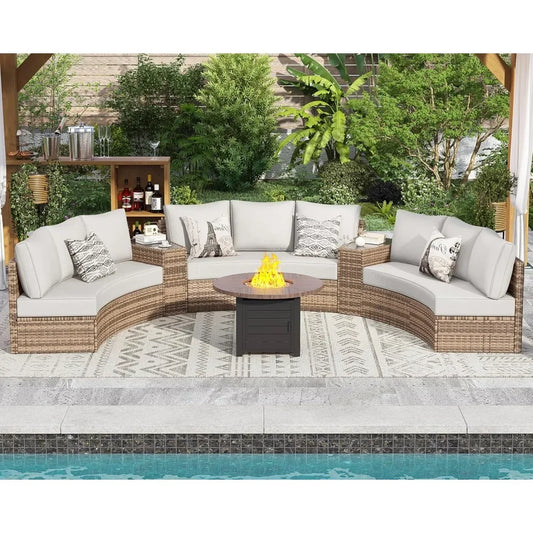 Large Wedge Half Moon Round Patio Furniture Storage Rattan Sofa Set