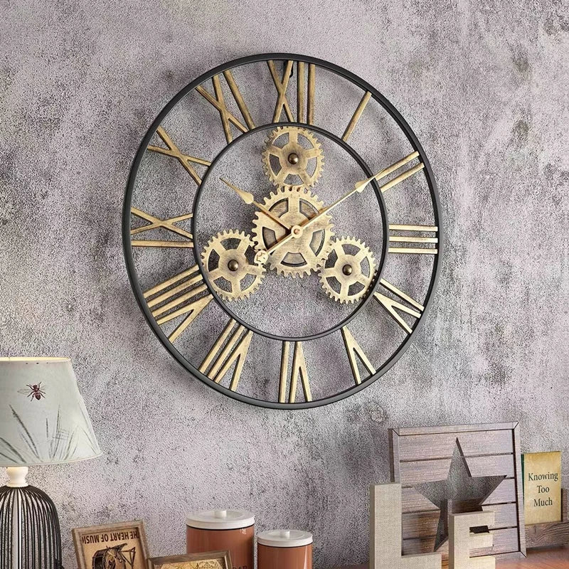 Large 3D Roman Numerals Wall Clock, Metal Iron Round Decor