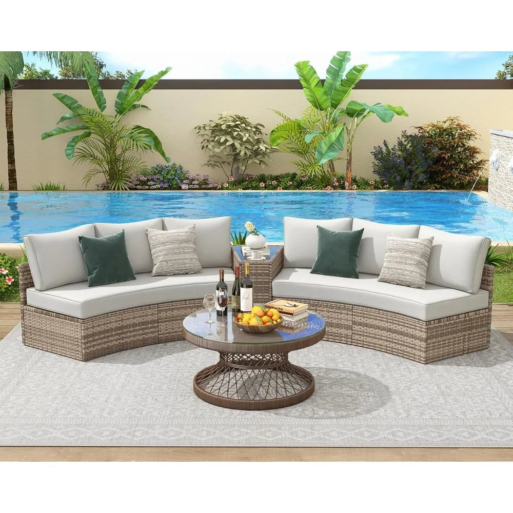 Large Wedge Half Moon Round Patio Furniture Storage Rattan Sofa Set