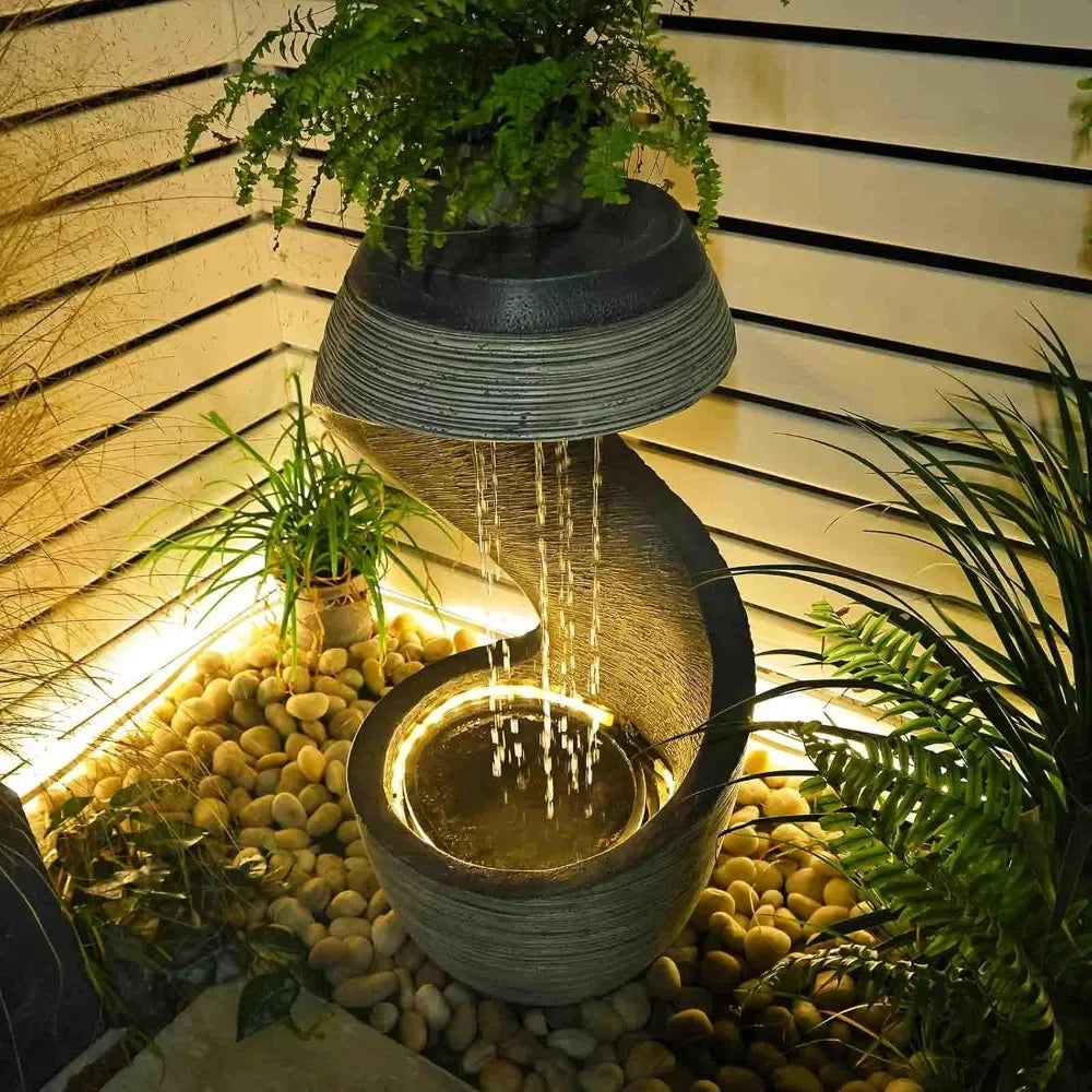 Outdoor Garden Waterfall Fountain, Modern Curved Floor Mounted with LED Lights