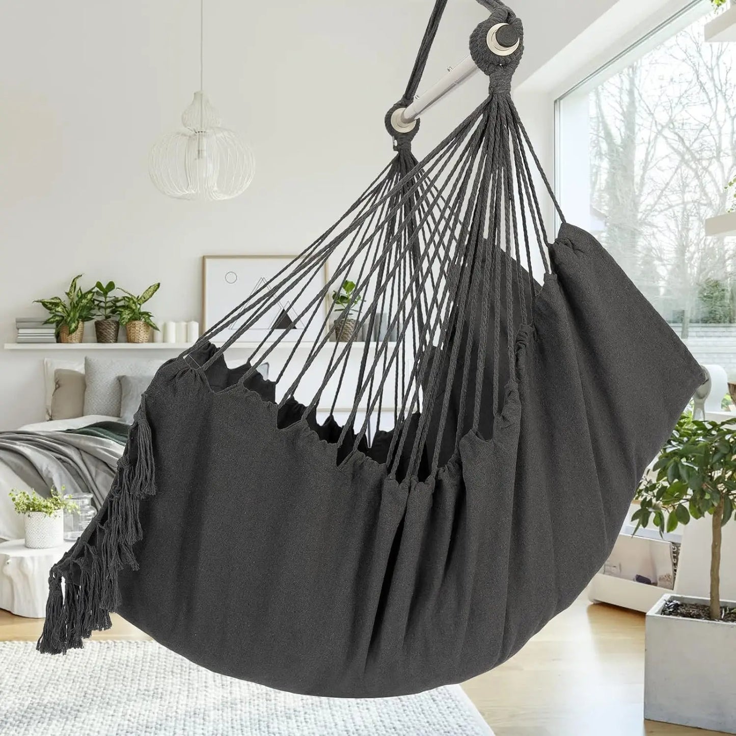 Large Macrame Rope Hanging Swing Chair with Pocket, Cotton Fabric