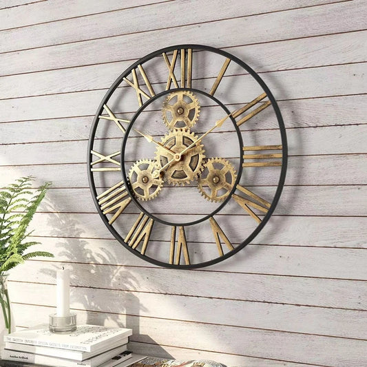 Large 3D Roman Numerals Wall Clock, Metal Iron Round Decor