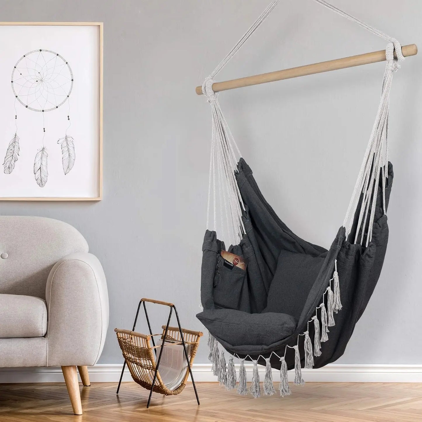 Large Macrame Rope Hanging Swing Chair with Pocket, Cotton Fabric