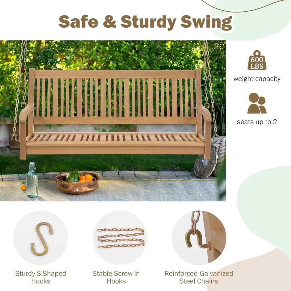 Wooden Outdoor Swing with Hanging Chains for Backyard