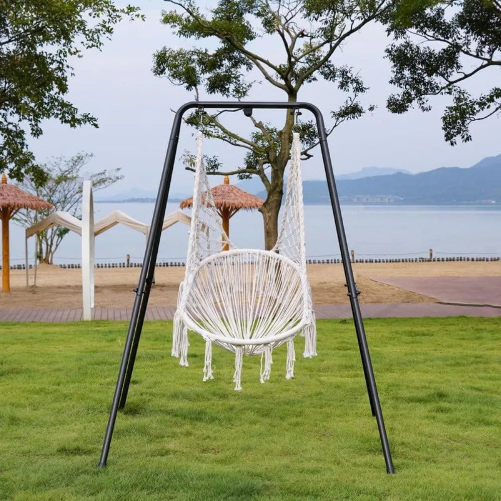 Macrame Hanging Swing Chair with Cushion, Durable Steel Swing Stand