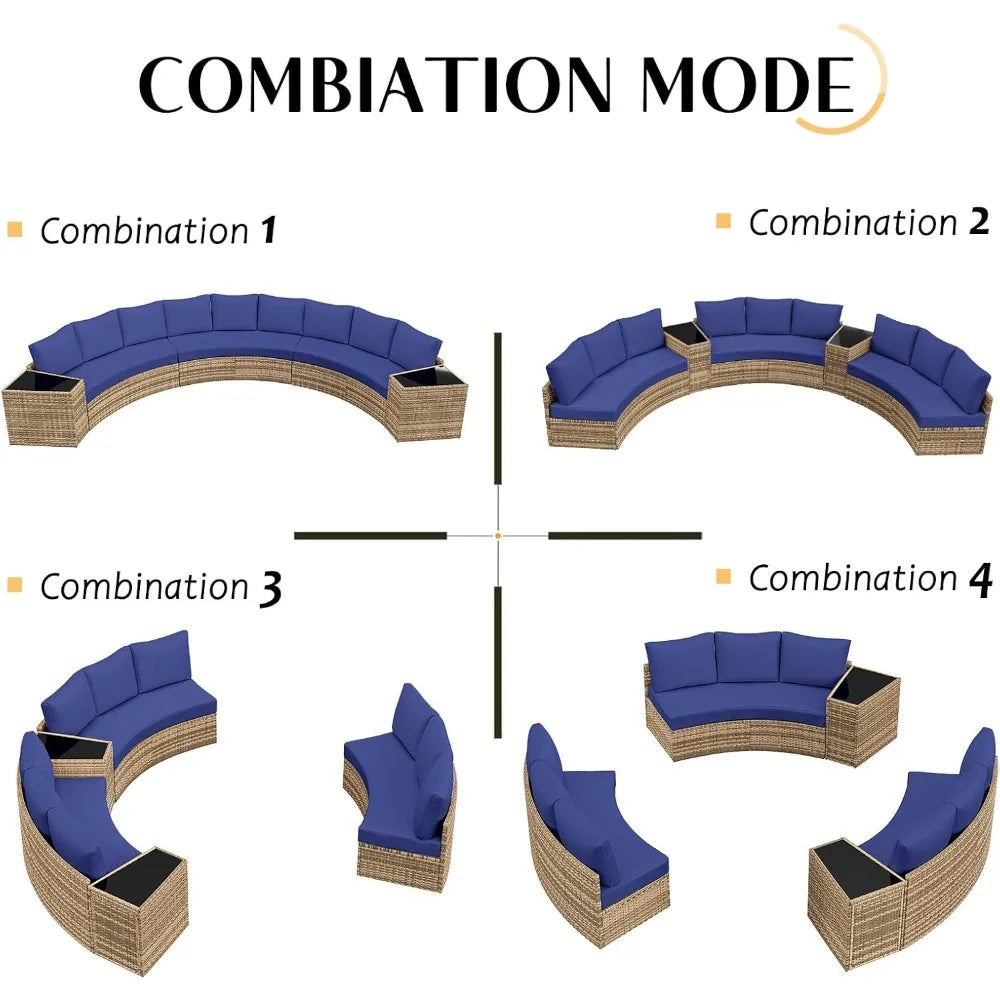 Large Wedge Half Moon Round Patio Furniture Storage Rattan Sofa Set
