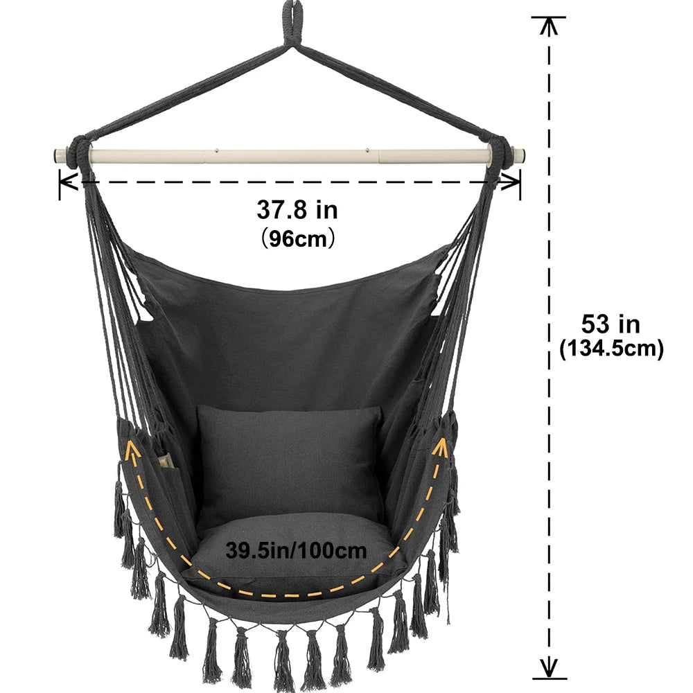 Large Macrame Rope Hanging Swing Chair with Pocket, Cotton Fabric