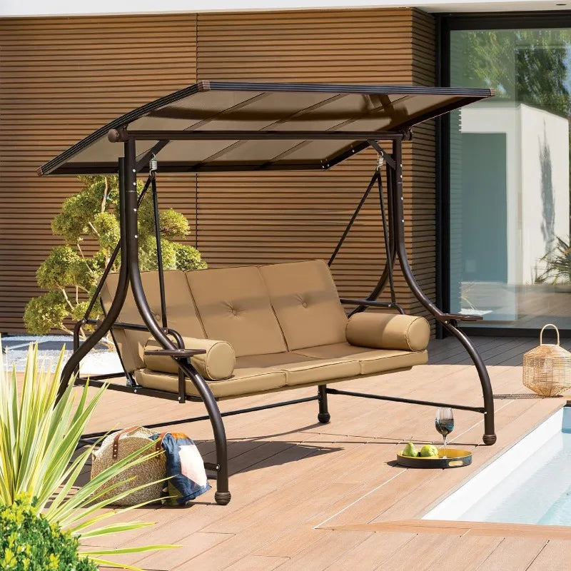 Outdoor Patio Swing with Solid Top, Convertible with Backrest