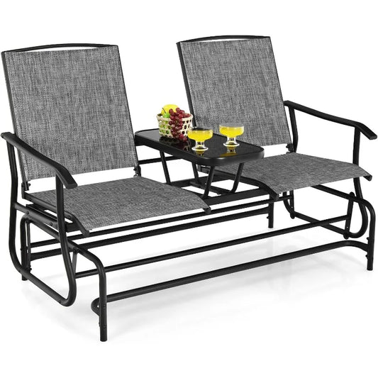 Outdoor swing seat with tempered glass table in the middle